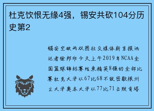 杜克饮恨无缘4强,锡安共砍104分历史第2